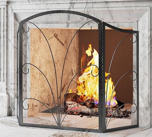 Kingson 3-Panel Arched Fireplace Screen Decorative, Handcrafted Scroll Wrought Iron Fireplace Spark Guard Cover -Pewter Spotted