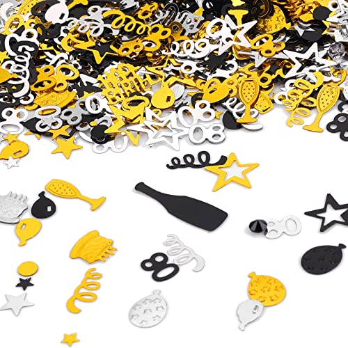3000 Piece Birthday & Anniversary Confetti - Number 80 Glitter Cake & Table Decorations in Black, Gold & Silver (80th Style)