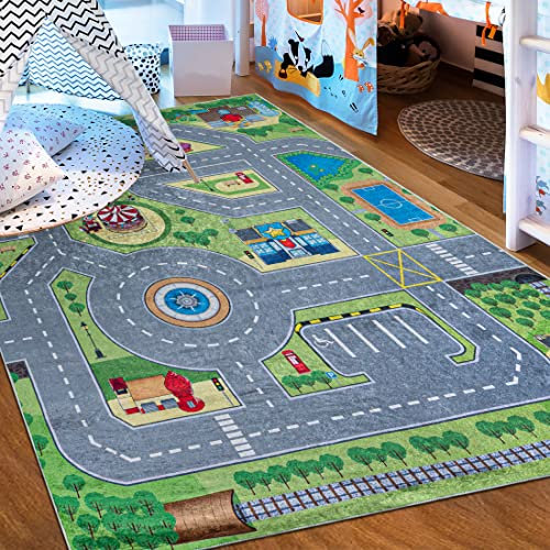 Mazovia Kinderzimmerteppich Antirutsch - Waschbar bis 30 Grad - Spielteppich Straße Stadt Straßenteppich - Kurzflor Kinderteppich für Kinderzimmer - ÖKO-TEX Zertifiziert - Bunt Grün 120 x 170 cm
