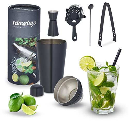 Relaxdays 5-Teiliges Cocktail Shaker Set Kit Coctelería 5 Piezas, Juego de Bartender de Acero Inoxidable, para Hogar, Accesorios de Bar, Negro, 25,5 x 10,5 cm