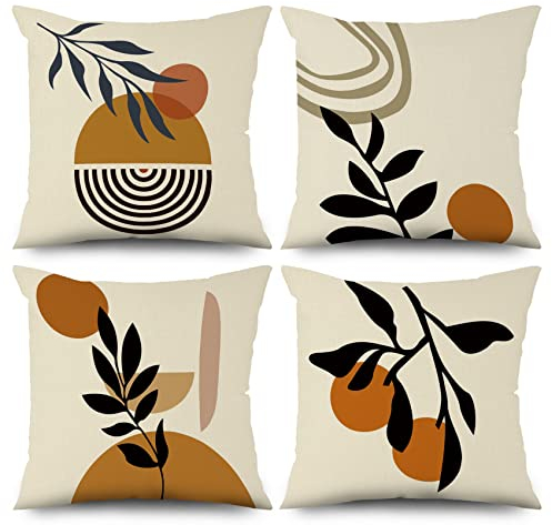 ASDCXZ Boho Kissenbezug 40x40 cm 4er Set, Modern Abstrakt Kunst Sonne Blätter Beige Sofa Kissen Bezug Dekokissen Kissenbezüge Kissenhülle Waschbar Polyester Flachs Textil Outdoor Kopfkissenbezug