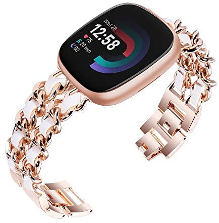 Niboow Armband Kompatibel mit Fitbit Versa 4/Sense 2, Damen Schicke Edelstahl Uhrenarmband Ersatzarmband Kompatibel mit Fitbit Versa 4/Sense 2 - Roségold/Weiß