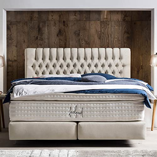 Boxspringbett Chester 180x200 Samt, Chesterfield, ohne Visco-Topper, Acryl-Füße, Hotelbett, ohne Bettkasten, 7 Zonen Taschenfederkern-Matratze, Aufbau KOSTENLOS (Creme, 180x200 cm ohne Topper)