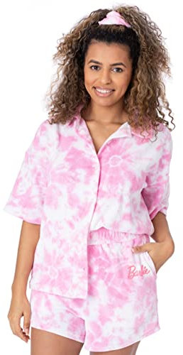 Barbie Ladies 3 Piece Co-Ord Set | Pink Towelling Tie Dye Beach Cover Up Set For Women | Shirt, Shorts & Scrunchie Hair Bobble Complete Set Logo Swimwear Merchandise Gift for Adults