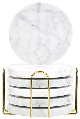 TransMarble Lot de 6 dessous de verre en marbre pour boissons avec support en métal pour un style de vie haut de gamme (rond, blanc carrare)