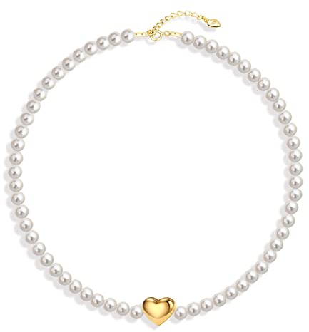 ANAZOZ Perlenkette Damen Silber 925, Halskette Herz Verstellbar Damen Kettenanhänger Silber 925 3mm Pearl Necklace 38cm mit Verlängerung
