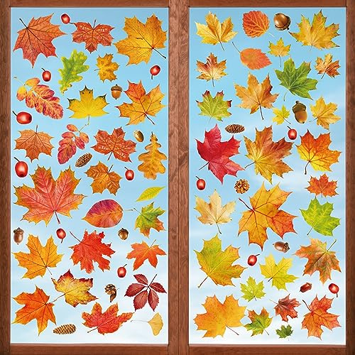 Leonshco 78 Stück Herbst Fensterbilder, Thanksgiving Deko Fenstersticker, Klebstofffreier/Doppelseitiger Druck-Fensteraufkleber, Ahornblätter Marone Fenster Sticker, Herbstdeko/Kinderzimmer Dekoration