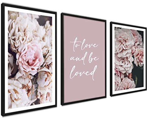 Poster Set Fiori Rosa Peonie | 3 pezzi 30x40cm DIN A3 | Con La Parola Amore Decorazioni da Muro per Soggiorno, Camera da Letto e Cucina | senza cornici