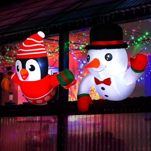 Glimin 2 piezas de muñeco de nieve inflable de Navidad de 4 pies y pingüino que se asoman de la ventana, decoraciones inflables de Navidad con luces LED para decoración de Navidad en interiores y