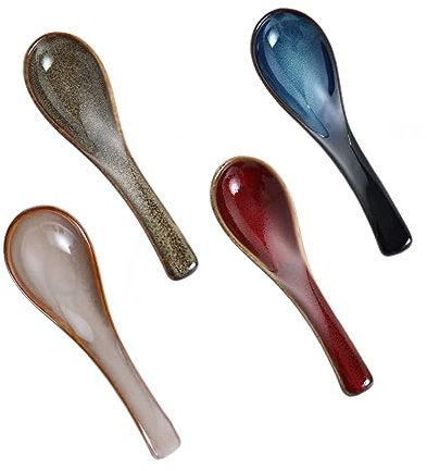 Leadigol 4 PCS Ceramic Soup Spoons, Japanese Long Handle Spoons Asian Soup Spoon Cooking Utensil Kitchen Gadgets for Noodles Rice Soup Porridge