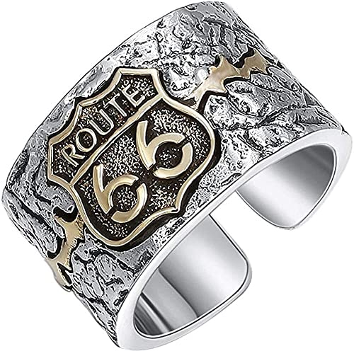 OqcEha Silber Feng Shui-Ring, Herren-Ring, Two Tone 925 Sterling Silber Iconic American Highway Route 66 Sign Ring Band Ring Punk Schmuck Offen und verstellbar