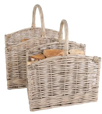 CHARLES BENTLEY Log Basket, Snug, Set Of Two, Open Ended, Wicker Log Baskets, Storage, Handmade, With Handles, Carry Handles, Open Ends, Square Design, Willow Wicker, Home Décor (58x39x52cm)