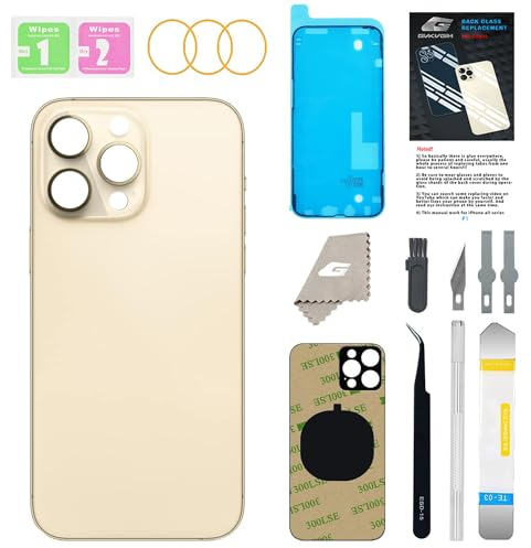 GUPFIX Rückglas-Ersatz für iPhone 14 Pro, mit Repir-Werkzeugen, großes Loch, Rückabdeckung, Glas, Ersatz, alle Träger mit vorinstalliertem Kleber und Reparaturwerkzeug-Kits (Gold)