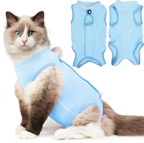 Hpetppy Cat Recovery Suit, Kitten Surgical Bodysuit for Abdominal Wound Anti Licking After Surgery, Pet Surgical Recovery Snugly Suit Cat Spay Recovery Suit Female for Small Male Female Cats Blue L