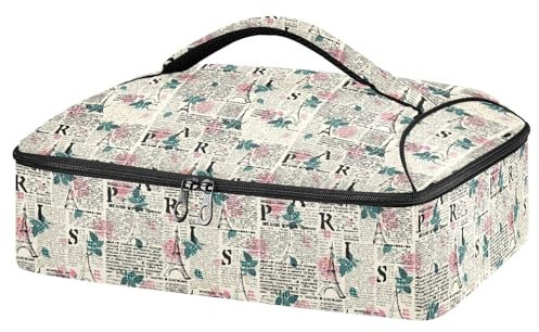 Mnsruu Halftone Newspaper Paris Casserole Carrier for Hot or Cold Food, Insulated Casserole Dish Carrier Bag with Lid, Food Carrier for Travel Party Picnic Tote Bag