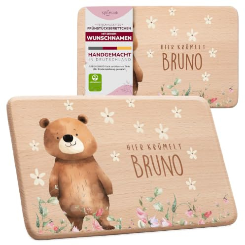 Kidsmood Kinder Frühstücksbrettchen Holz personalisiert mit Namen 22x14 cm | Buchenholz 22x14 cm, Name und Motiv im Farbdruck, Vesperbrett und Brotzeitbrett, Geschenk zur Taufe, Geburt, Einschulung