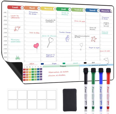 POPRUN Calendrier Magnetique Pour Frigo,Planning Semaine Tableau Blanc Effacable emploi du temps, Idéal pour Liste de Courses,Organiseur Hebdomadaire Repas,Planificateur des Menus, 42×28cm-en Français