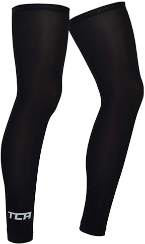 TCA Ghette con UPF 50+, Anti-Lip, Scaldamuscoli per Gambe per Uomo e Donna per Ciclismo, Corsa, Camminata, Pallacanestro - Ghette a Compressione Completa per le Gambe - Nero, S