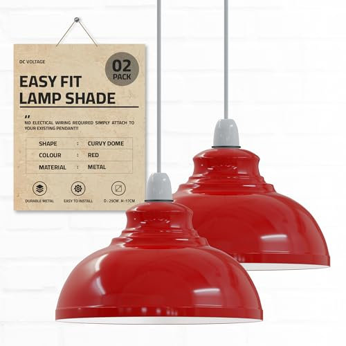DC VOLTAGE Retro Ceiling Light Shade Easy Fit 29cm 2 Pack Red Metal Curvy Dome Shaped with Coffee Shops bar desks Restaurants terraces Offices