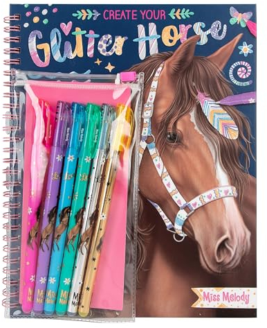 Depesche 12931 Miss Melody Crea Libro da colorare con 30 Pagine per disegnare Motivi di Cavalli, incl. 6 Penne Gel Glitterate, Multicolore, One Size