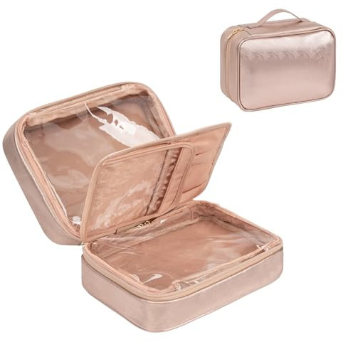 Kosmetiktasche, Kulturtasche Damen, Reise Kosmetik Organizer Tasche, wasserdichte Schminktasche Make Up Tasche mit Make-up Pinsel Fach (roségold, 25×10×18cm)