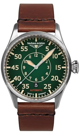 Bauhaus Aviation Herrenuhr Automatik Serie Flight Control 5 ATM mit Lederband (Braun/Grün)