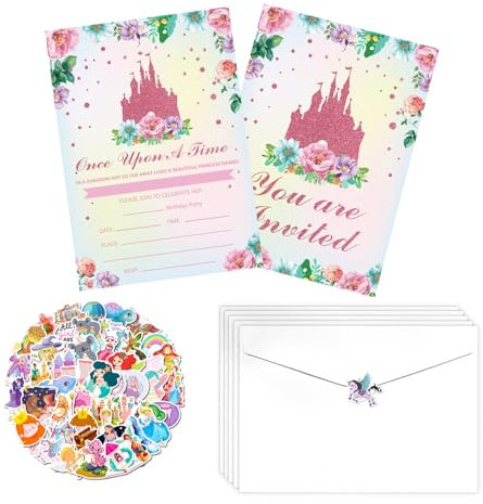 Lot de 20 invitations de fête de princesse avec enveloppes, cadeaux de fête d'anniversaire, cartes d'invitation pour filles, décorations de fête prénatale princesse, fournitures de fête d'anniversaire