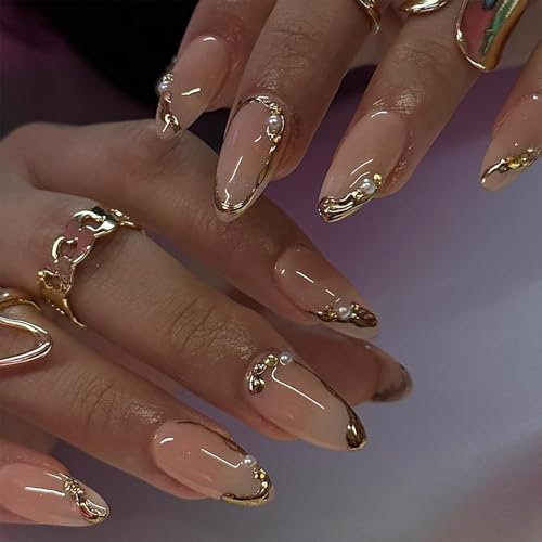 Calkkrer Lot de 24 faux ongles en gel à presser - Couleur : doré - Amande - Avec perles - Faux ongles à coller - Brillants