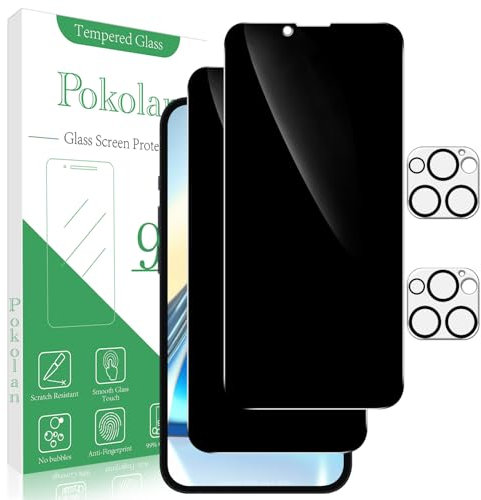 Pokolan 2+2 Pack Privacy Screen Protector for iPhone 14 Pro Max With Camera Lens Protector, Anti Spy Tempered Glass, 9H Hardness, Anti Scratch, Bubble Free, Easy to Install