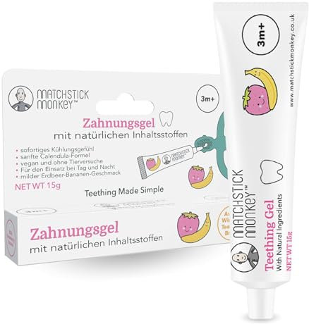 Matchstick Monkey Bio Zahnungsgel Erdbeere-Banane – Natürliche Zahnungshilfe mit Sofort-Kühleffekt & Calendula-Formel, Vegan & Tierversuchsfrei, Ideal auch für Matchstick Monkey Beißringe, ab 3 Monate