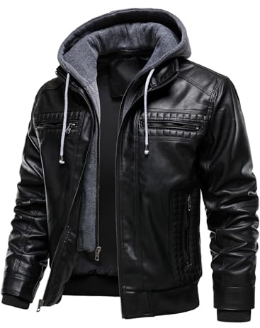 HOOD CREW Men's PU Leather Jacket with Detachable Cap - Windproof, Warm & Multifunctional Waterproof, Multiple Pockets