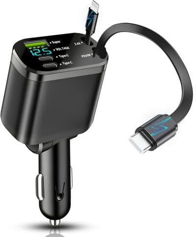 5 in 1 einziehbares Kfz-Ladegerät USB C 69 W [Magisches Kabel & sofortiger Rückprall] Adapter für Zigarettenanzünder, Geschenkidee für Herren, Vater, Damen, Reisen, Camping, Autozubehör