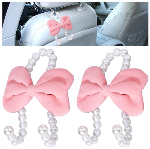 DICOSMETIC Lot de 2 crochets pour appuie-tête de voiture pour femme - Rose - Pour sacs à main et sacs - Avec nœud en velours - Accessoires de décoration intérieure - 11,8 x 9 x 4 cm