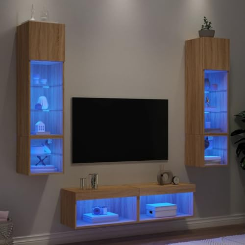 Qnhdfrt 6-Piece LED TV Stand Sonoma Oak Wood and Glass Wall Unit