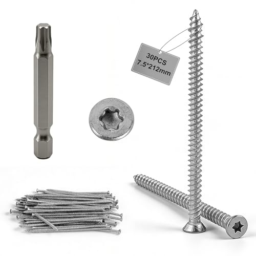 MIGUBIGU 30 st fönsterramskruvar 7,5 mm x 212 mm med 30 bit gratis torx, frästa betongskruvar, direkta ankarskruvar för betong, dörrar och fönster, väggar