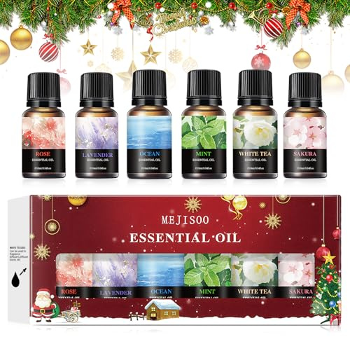 6 x 10ML Kit Huiles Essentielles Noël, Aromathérapie Huile Essentielle Set | Huile Essentielle Bio pour Diffuseurs, Rose, Lavande, Océan, Menthe, Thé Blanc, Fleur de Cerisier