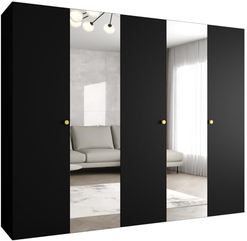 MEBLE KRYSPOL - Kleiderschrank - Garderobenschrank - 250 cm x 202 x 52 cm - Schrank mit Kleiderstange und Spiegel, 5 Türen - für Schlafzimmer, Flur - Parma, Schwarz, Griff Gold