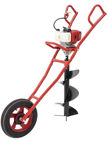 Tarière Thermique 52CC à Essence 2 Temps avec Roue et Mèche 30 cm, Foreuse de Sol 1,46 kW pour Creuser Trous de Poteaux Clôture Plantation Jardin Agriculture
