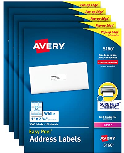 Avery Adress-Etiketten mit sicherem Zufuhr für Laserdrucker, 1 Zoll x 2-5/8 Zoll, 15.000 Etiketten – ideal für FBA Etiketten (5 Packungen 5160)