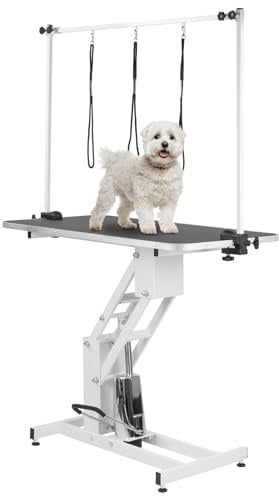 KCT Large White Hydraulic Dog Grooming Table with H Bar and Leashes. | 56 - 92cm Working Adjustable Height with Non Slip Surface