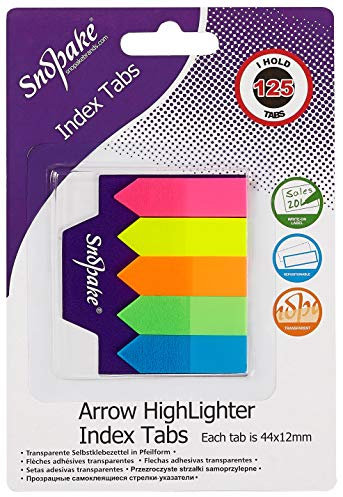 Snopake Transparent Index Tab Arrow Highlighters [ 125 Tabs, 44 x 12mm ] Neon Assorted [13906]