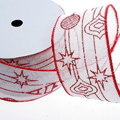 Weihnachtsband - Schleifenband - Dekoband - Band in Leinenoptik mit dezent glitzernden rotem Weihnachtskugeldruck - ca. 60 mm x 10 m – hochwertige Drahtkante - 93114-60-1013