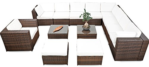 XXXL Rattan Lounge Set erweiterbar - Polyrattan Ecksofa Set XXXL - braun-Mix – Garnitur Gartenmöbel Sitzgruppe Lounge Möbel - Gartenlounge Set inkl. Lounge Ecke + Sessel + Hocker + Tisch + Kissen