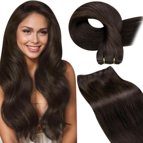 LaaVoo Echthaar Tressen Extensions Dunkelbraun Haarverlängerung Echthaar Tressen Zum Einnähen Remy Haar Extensions Echthaar Braun 35cm 80g #2 Glatt