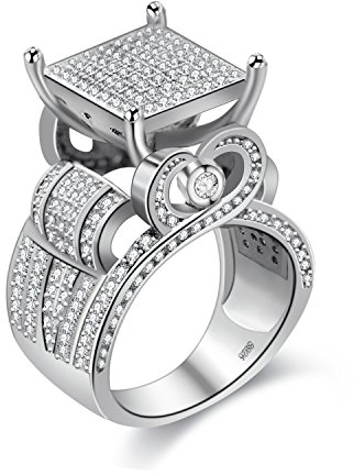 Uloveido Rhodium überzogene Cluster-Statement-Ringe mit Pave-Set Lab Diamond Wide Square Love Rings Geschenk für Frauen (Größe 62) RA0221