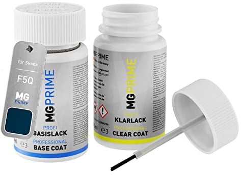 MG PRIME Autolack Lackstift für Skoda F5Q / 8D Storm Blau Metallic +1K | Set aus Basislack + Klarlack, Lackfläschchen mit Pinsel, je 50ml