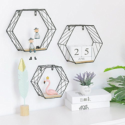 Depruies Wandregal aus Eisen, sechseckiges Wandregal, Kombi-Wandregal, hängende geometrische Figuren, Wanddekoration für Wohnzimmer, Schlafzimmer, metall, Schwarz , S