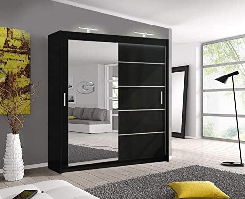 Modern Bedroom Mirror sliding door wardrobe with 2 LED Light Width 150cm/180cm/203cm (180cm, Black)