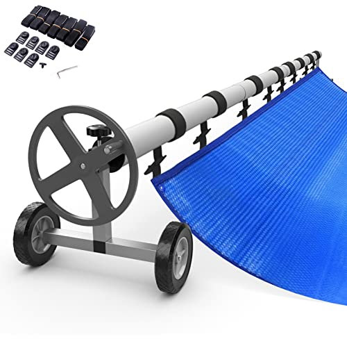 RELAX4LIFE Enrouleur de Bâche à Bulles Extensible Réglable de 4,2M à 4,66M pour Bâches & Films Solaires, Enrouleur de Piscine en Acier Inoxydable Mobile avec 8 Sangles de Fixation (4,2-4,66 M)