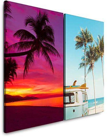 Wandbild 2 teilig je 60x90cm Palmen Paradies Surfen VW T1 Kalifornien Meer Strand